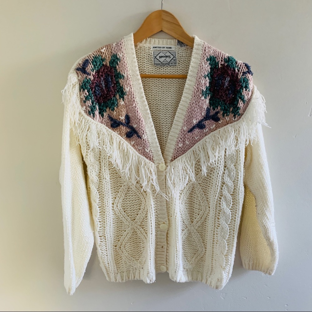 VINTAGE Hand Knit Cable Cardigan with Fringe and floral Design